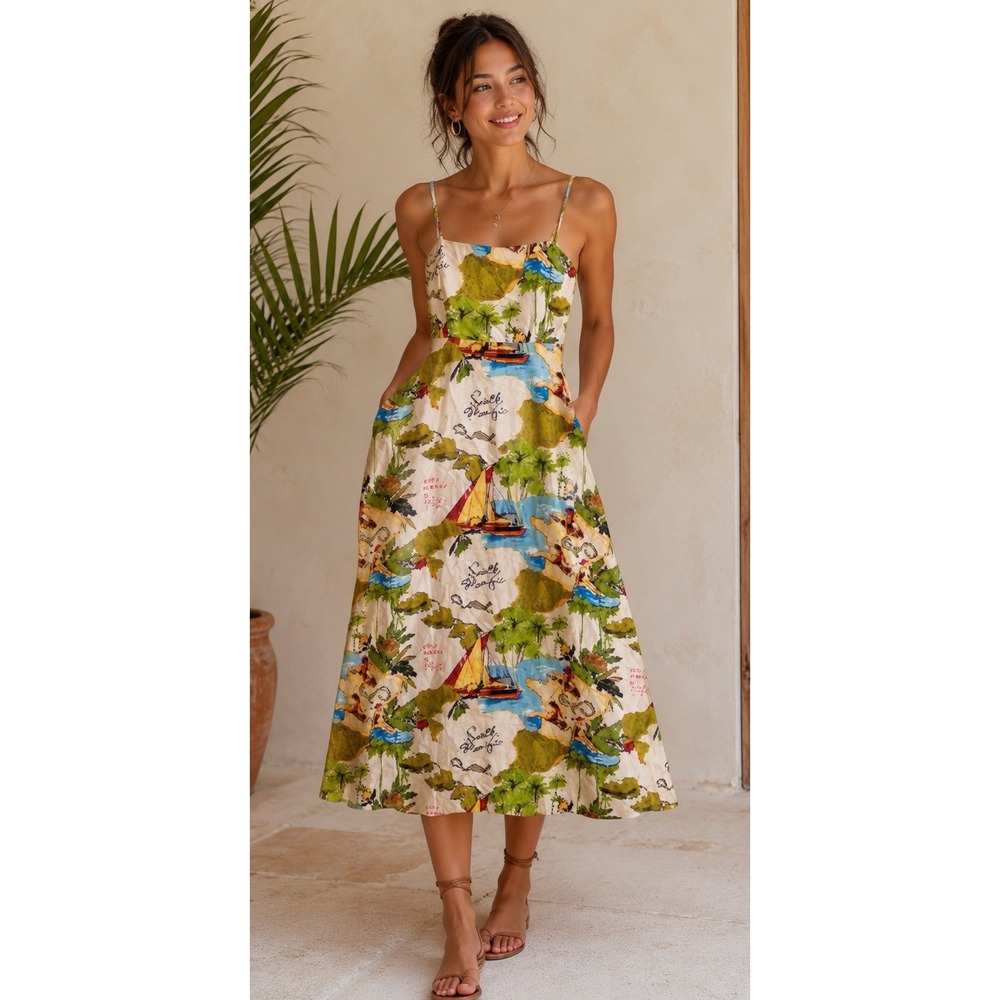 C&C California Tropical Print‎ Linen Blend Midi Dress XS Pockets Vacation Resort